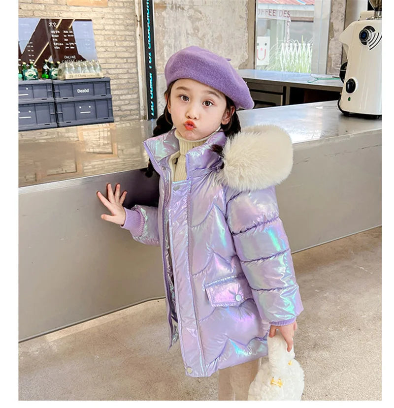 Doudoune Longue Fille Licorne | Imperméable Brillante | Col Fourrure Capuche | Parka Enfant Hiver