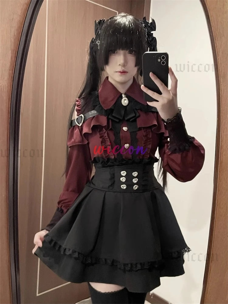 Jirai Kei Outfit Lolita Girls Shirt Skirt Set Women Kawaii Bow Long Sleeve Y2K Casual Aesthetic Shirt Japanese Style Women