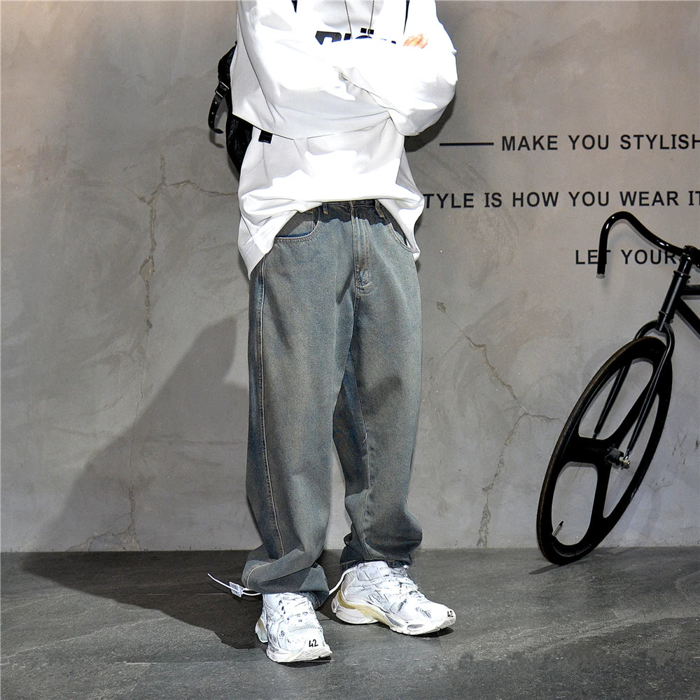 American Streetwear Baggy Jeans For Men's Clothing Vintage Distressed Gray Denim Pants Harajuku Casual Skateboard Pants Male