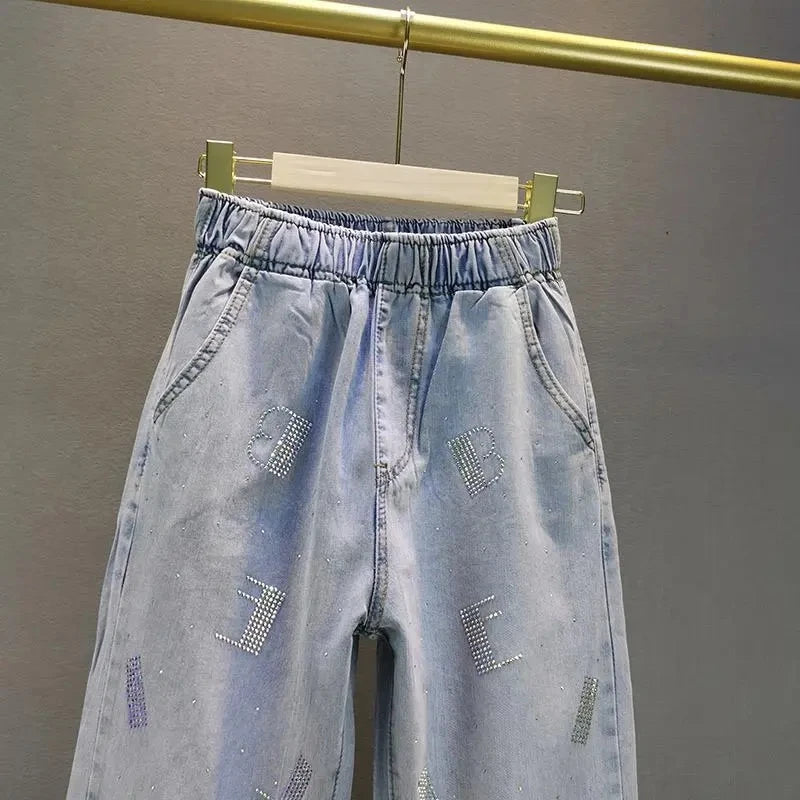 High-Waisted Jeans For Summer 2026 New Loose Elastic Waist Hot-Pressed Diamond Pants Women's Casual Denim Trousers