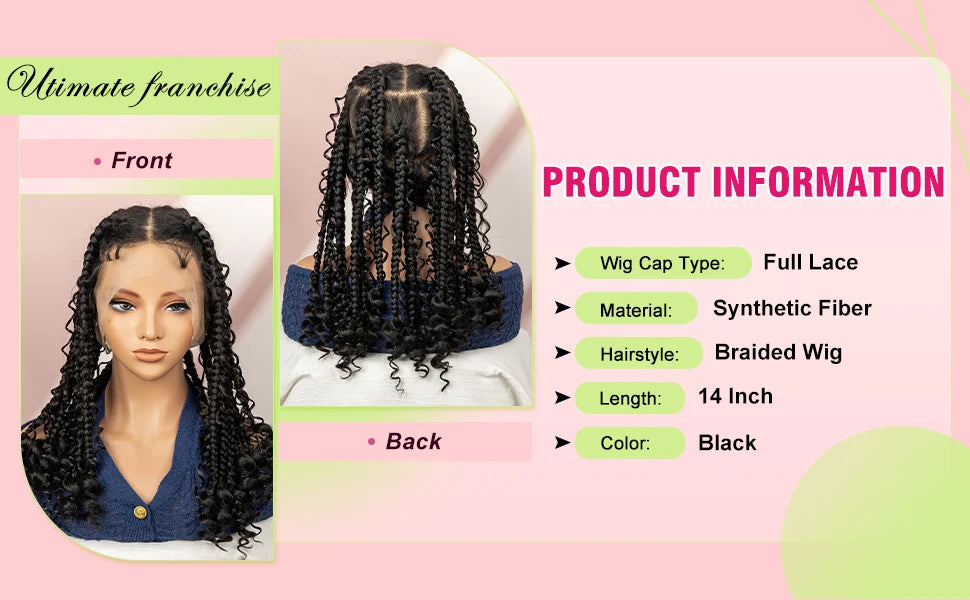 Perruque Full Lace Tresses Box Braids Boho Knotless | 16 Pouces | Bob Court | Synthétique Crochet | Femme