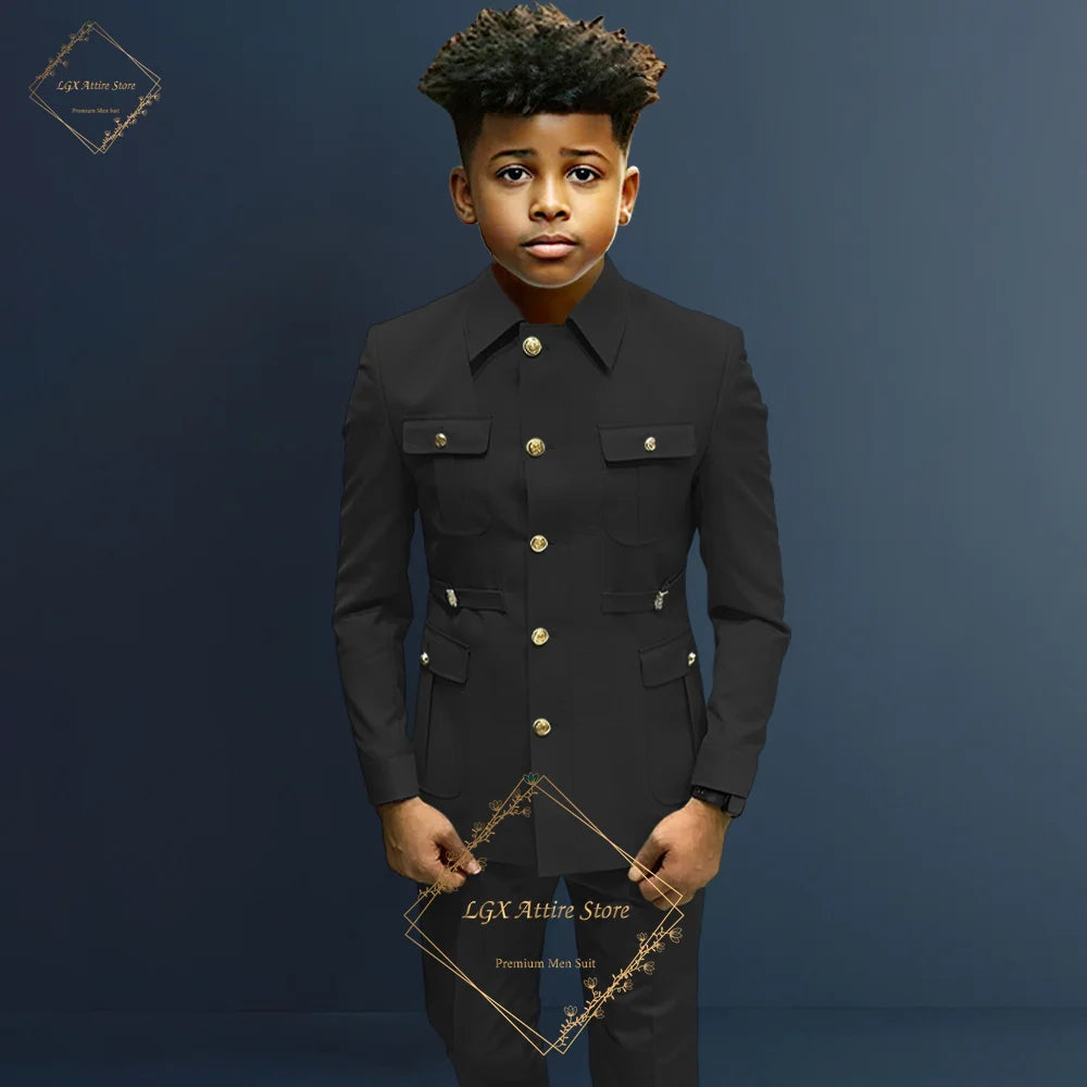 Boys single-breasted formal 2-piece suit, boys Zhongshan suit style long coat classic design suitable for ages 2-16
