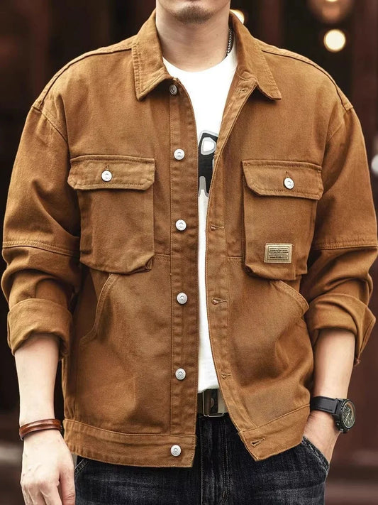Men's Casual Loose Fit Denim Jacket, Workwear, Dirt and Wear-Resistant, American Style, Versatile, Youthful Style, Long Sleeve