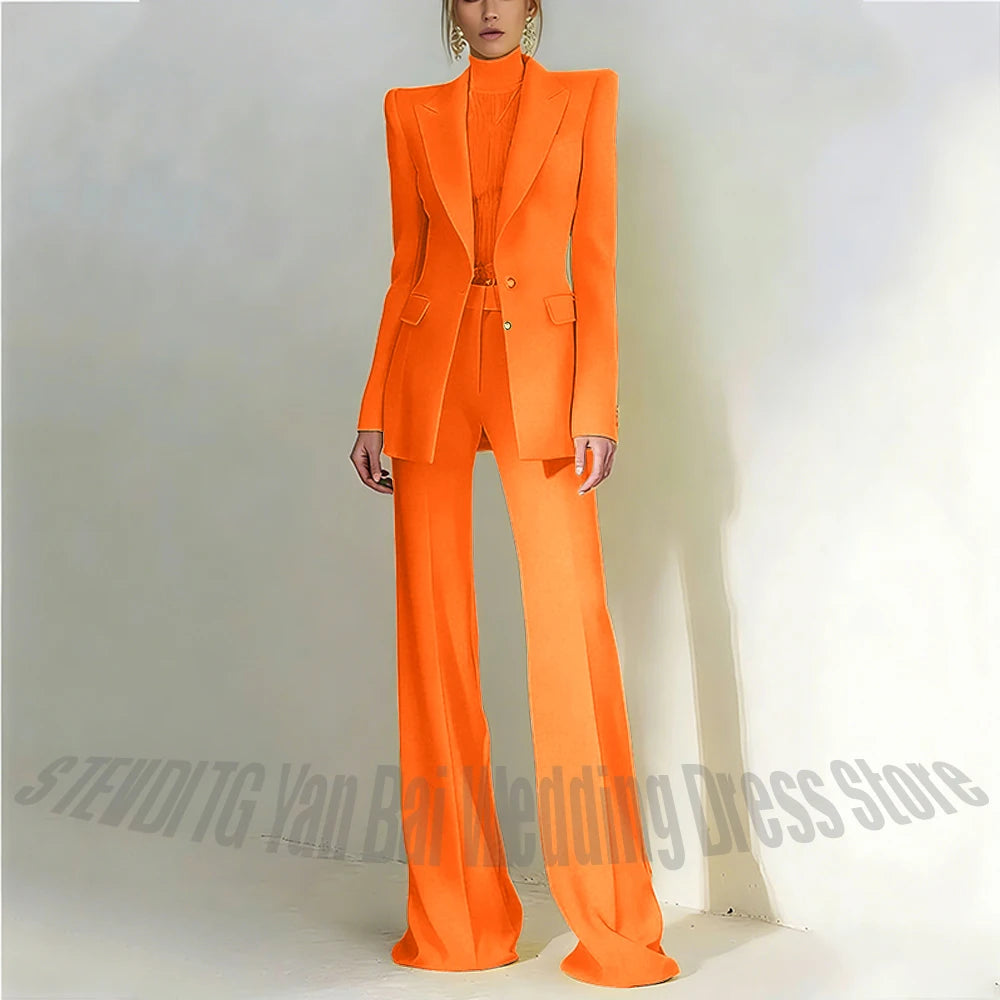 Women's Pant Suit 2 Piece Set Office Female Business Work Formal Jacket Trouser One Button Chic Yellow Peaked Lapel Elegant Suit
