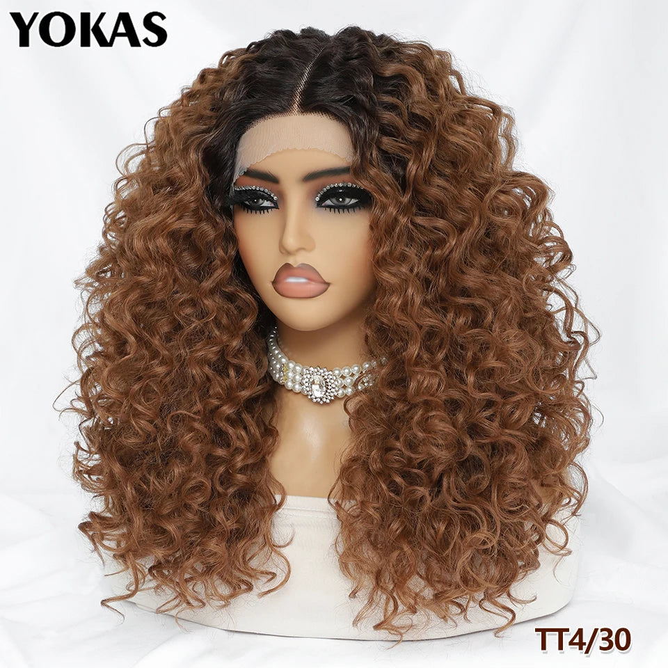 20 Inch Curly Synthetic Lace Front Wig For African Women Black T Part Blonde Curly Lace Frontal Wig For Afro Female
