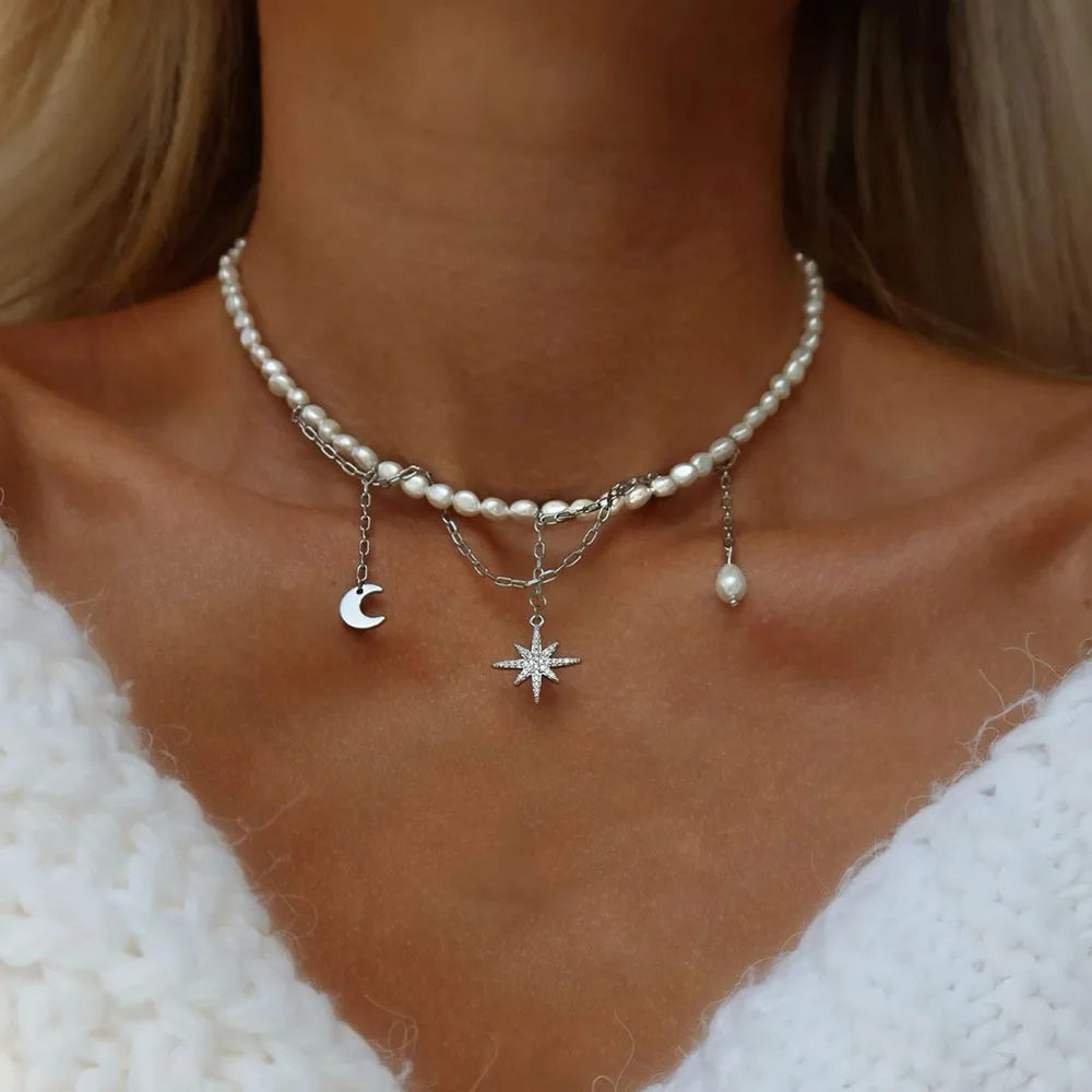 Collier Multicouche Frange Chaîne | Perle Imitation Vintage | Pendentif Choker | Bijou Mariage Femme