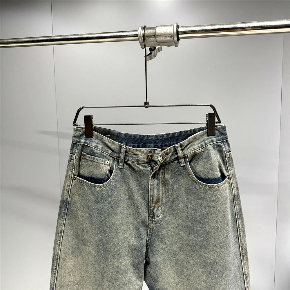 American Streetwear Baggy Jeans For Men's Clothing Vintage Distressed Gray Denim Pants Harajuku Casual Skateboard Pants Male