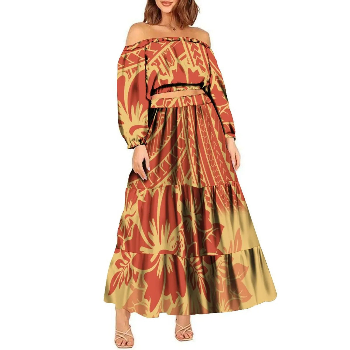 2024 Trendy 2 Piece Set Custom Polynesian Tribal One Shoulder Long Sleeve Crop Top Maxi Skirt Plus Size Women's Sets Dress