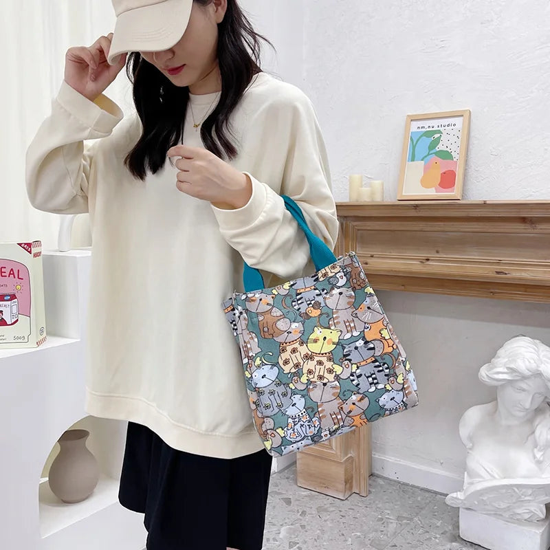 Fashionable Top-Handle Bag with Cute Cat Pattern, Portable Mommy Bag for Women