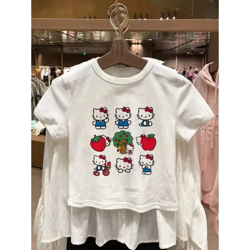 2026 New Summer Collection: Hello Kitty Cartoon Kids' Fashion T-Shirt  Pure Cotton, Printed, Cute Short Sleeve Tops