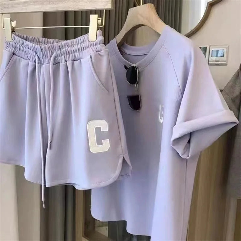 Ensemble 2 Pièces Femme Été | T-Shirt Manches Courtes & Short Sport | Imprimé Lettre | Pyjama Grande Taille