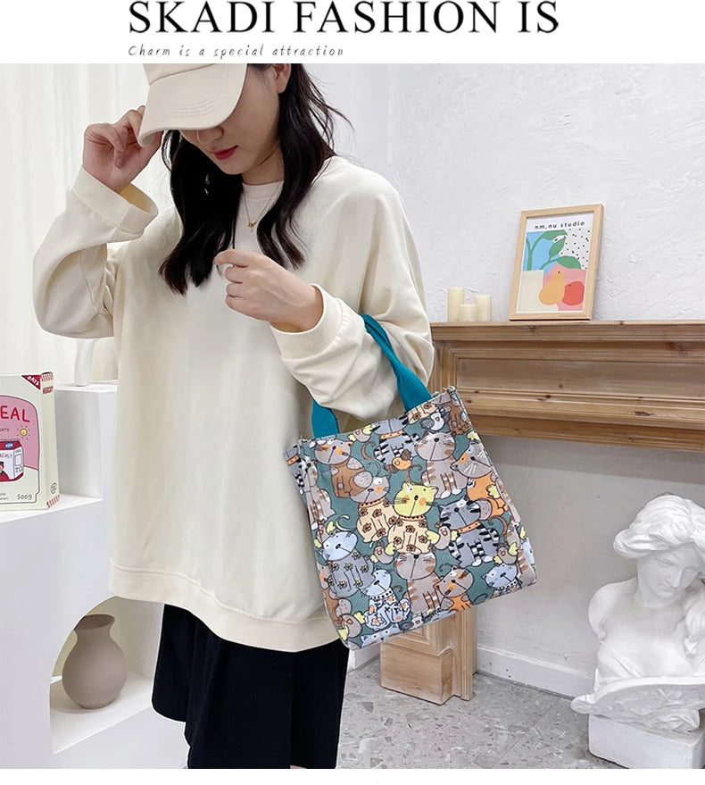 Fashionable Top-Handle Bag with Cute Cat Pattern, Portable Mommy Bag for Women