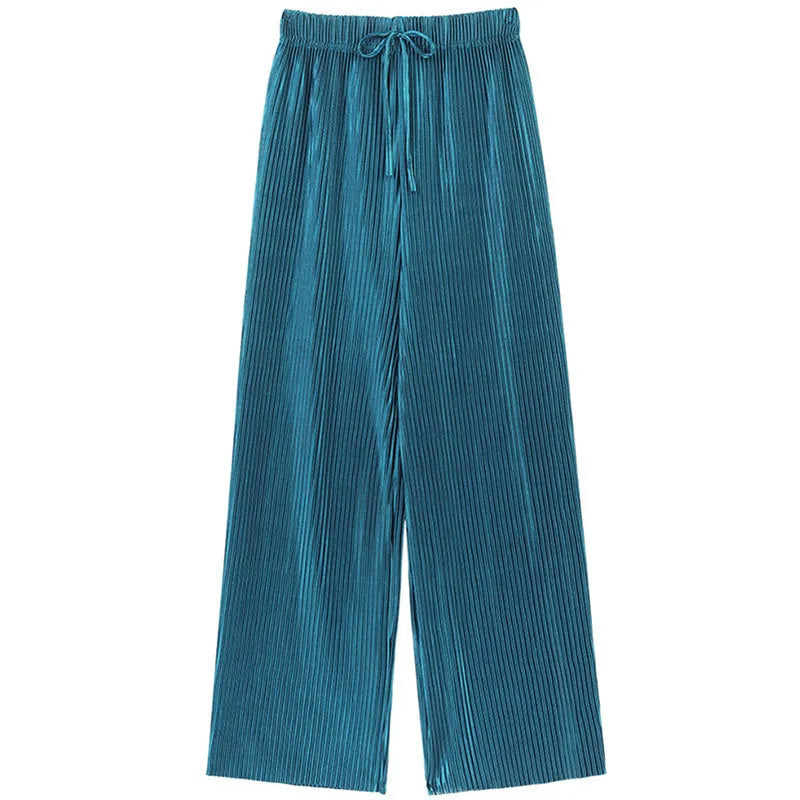 Pantalon Large Plissé Soie Glacée Femme | Taille Élastique Ample | Casual Été Mode