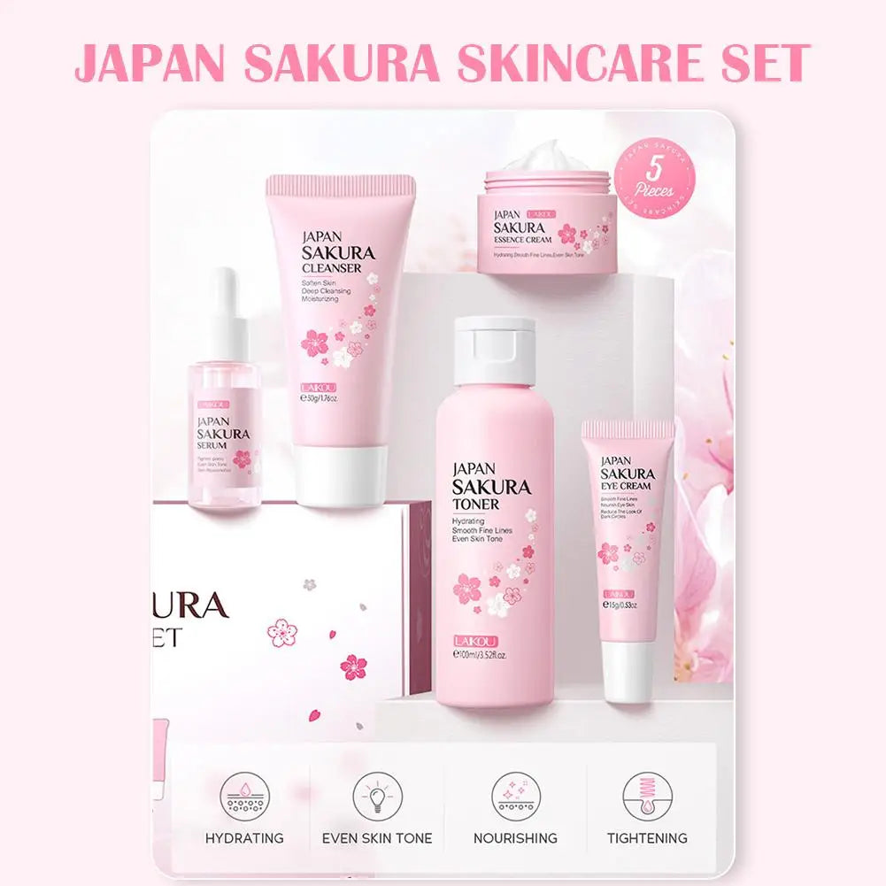 Sakura skin care sets with cleanser, serum, eye cream, facial cream, beauty products for women, travel skin care kit