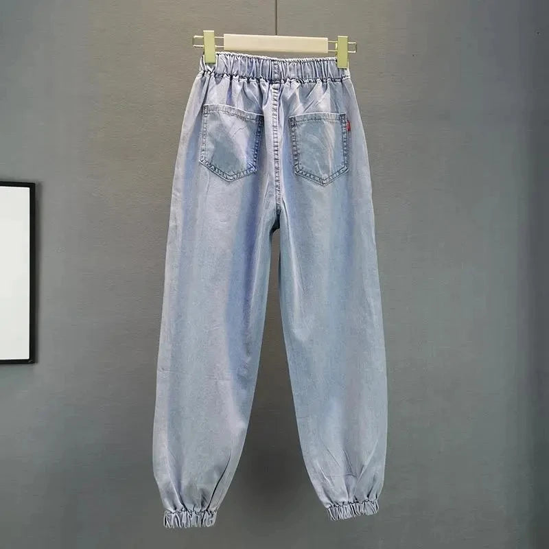 High-Waisted Jeans For Summer 2026 New Loose Elastic Waist Hot-Pressed Diamond Pants Women's Casual Denim Trousers