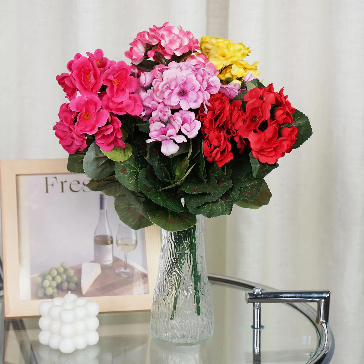 Uflower 1Pc Artificial Begonia Flower Plants for Wedding Bouquet Home Garden Bonsai Christmas Wreath Decor