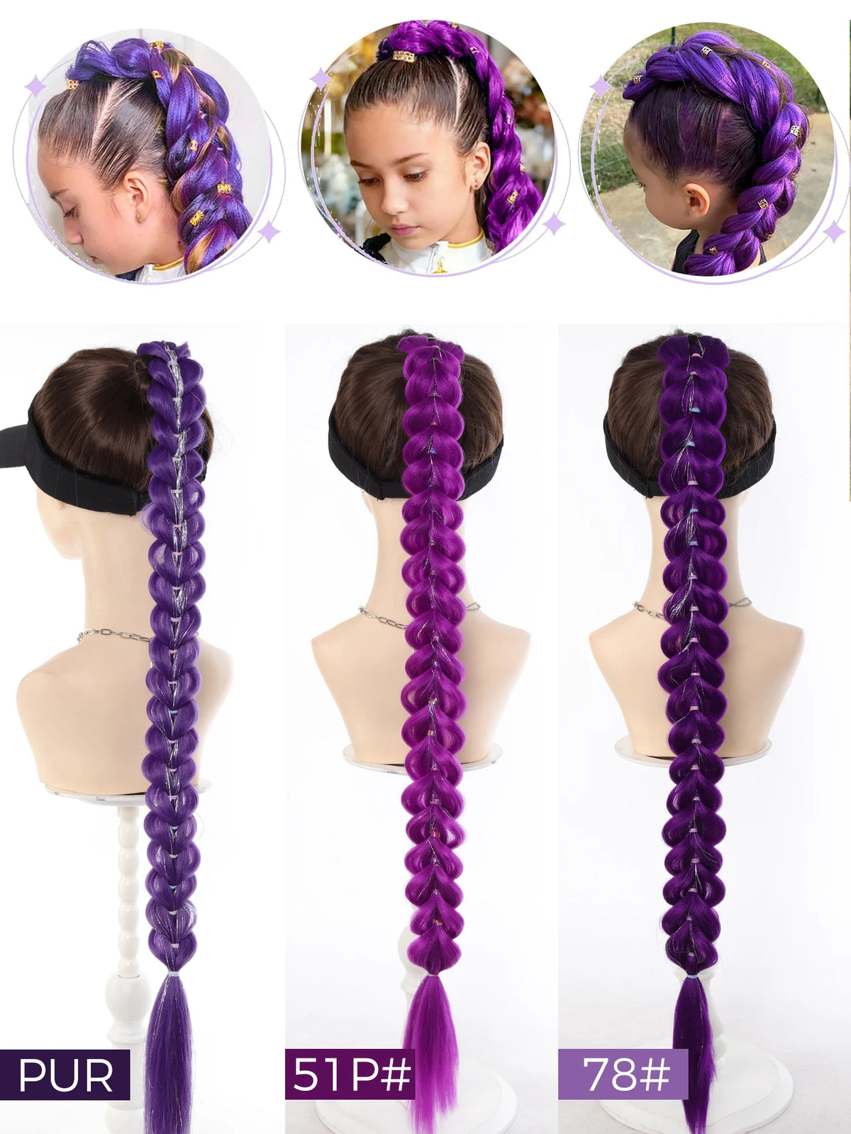 Queue de Cheval Tressée Violette | 32 Pouces | Tinsel Brillant | Extensions Super | Cosplay & Noël | Enfants & Filles