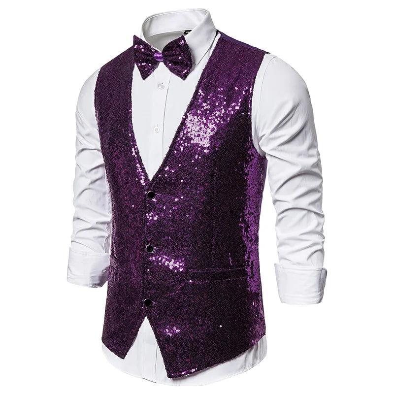 Luxury Vest for Men V-neck Slim Sparkling Tailcoat Solid Plain Waistcoat Bowtie Set Wedding Party Formal Sleeveless Jacket