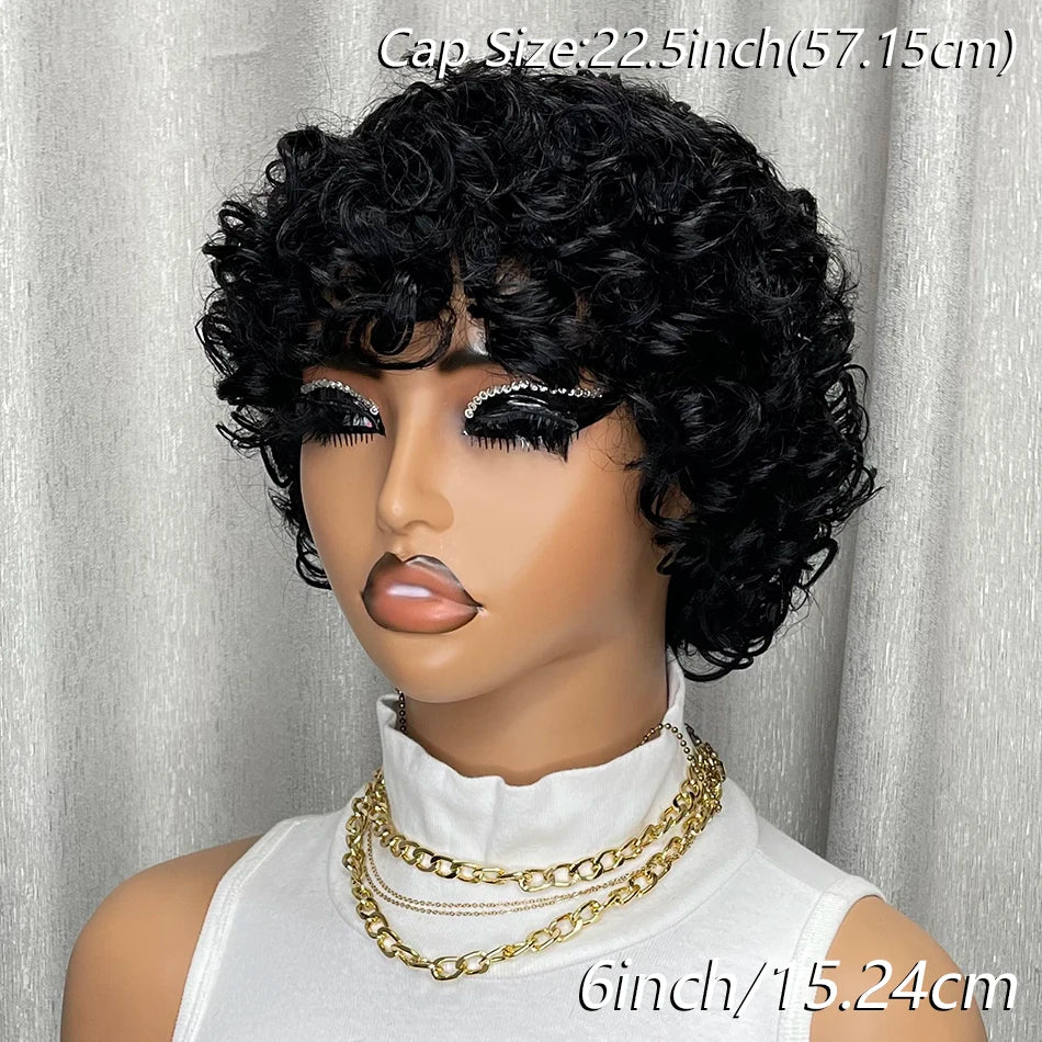 Kinky Curly Human Hair Wig Short Bob with Bangs for Black Women Machine Made Afro Curly Style Pre Plucked Natural Look Daily Wig