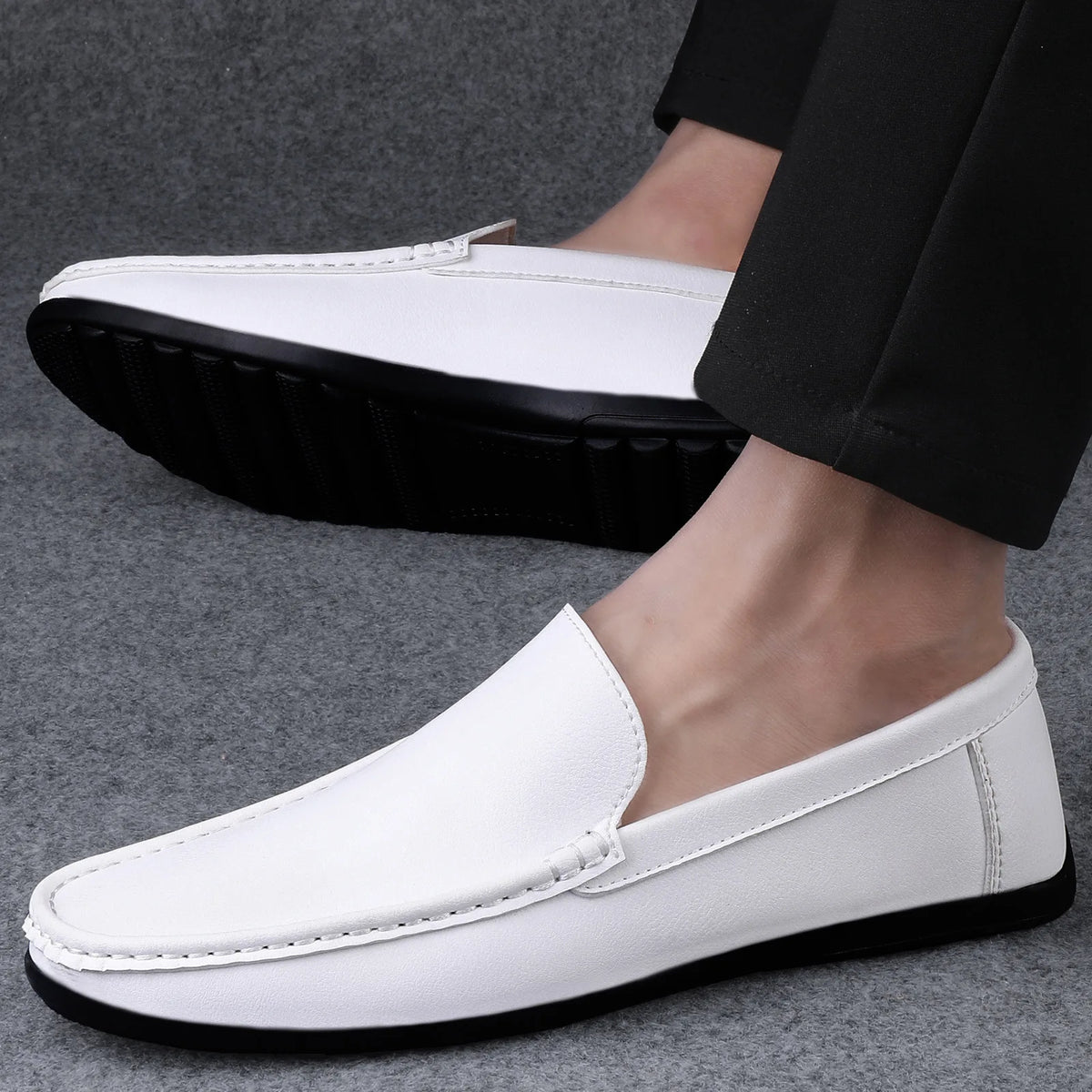 Mocassins Homme Mariage | Cuir Fendu Blanc | Chaussures Conduite Légères | Slip-On Casual Élégant 2026