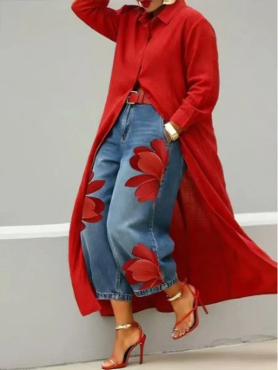 Jean Floral Imprimé Streetwear Femme | Taille Haute Ample | Jambe Large Décontracté | Grande Taille