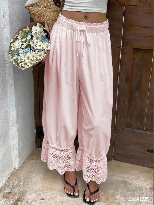 Women's Wide Leg Pants White Polyester Lace Trim Hem Casual Loose Fit Summer Trousers Wide Leg Pants
