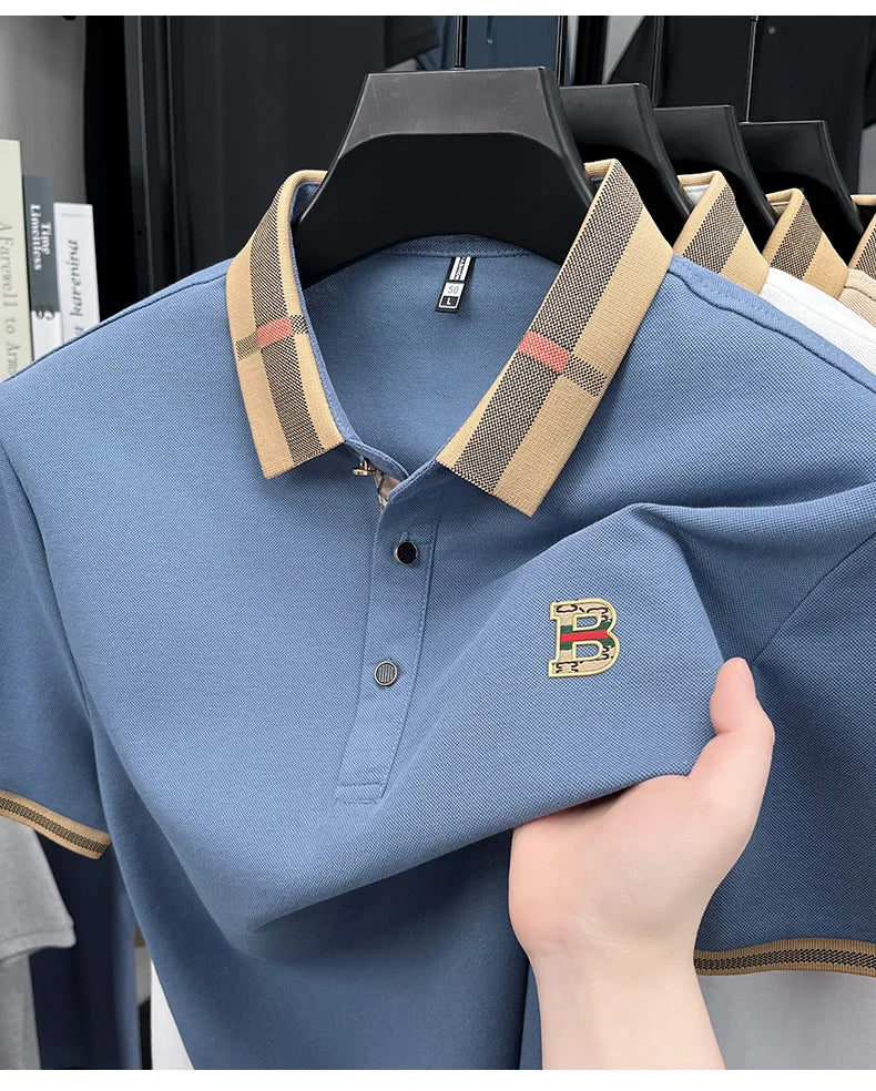 Luxury brand logo short-sleeved polo shirt for men's summer new high-end silk-cotton breathable casual fashion T-shirt clothing
