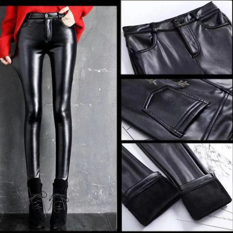 Pantalon Femme Cuir PU Cachemire | Taille Haute Slim Chaud | Polaire Intérieure | Automne-Hiver 2024 | Noir | S à XXXL
