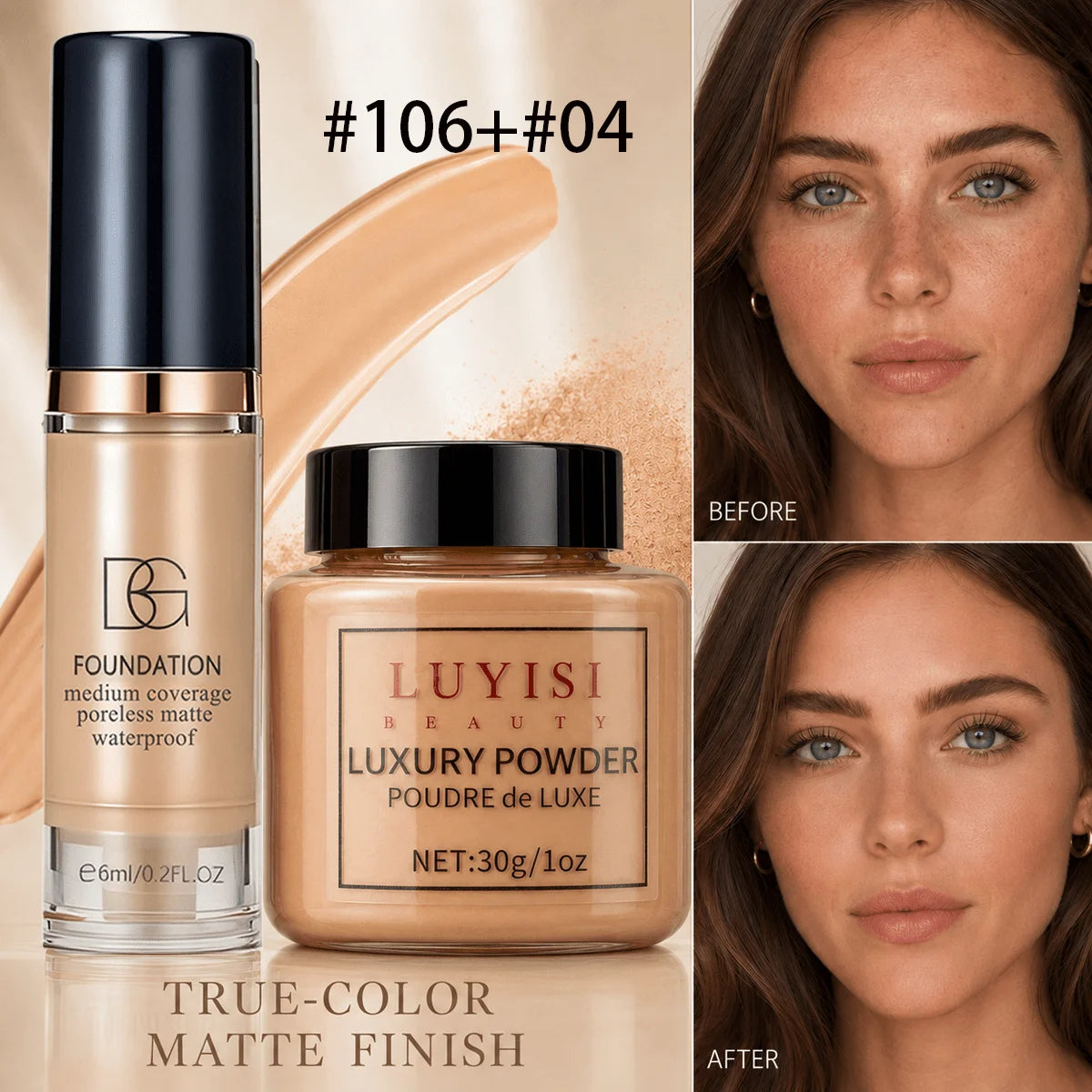 Facial Makeup Set:1pc Matte Loose Powder+1pc Waterproof Fundation,High-Coverage,Long-Lasting,Oil Control,Creat Natural Looks.