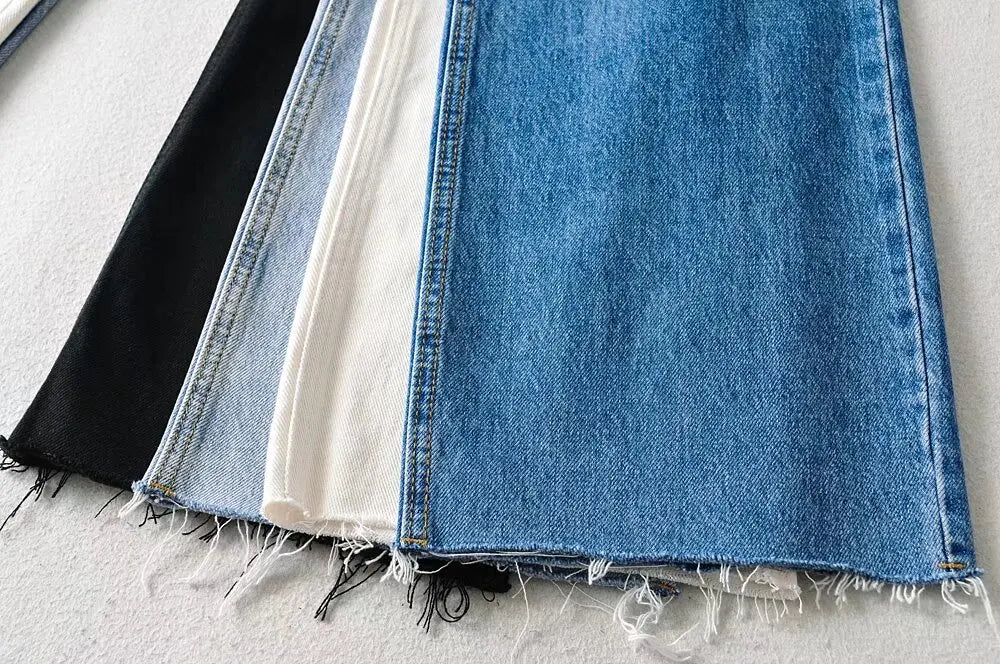 Jean Femme Taille Haute 2025 | Printemps-Automne | Décontracté Droit | Ourlet Brut Longueur Sol | Vintage