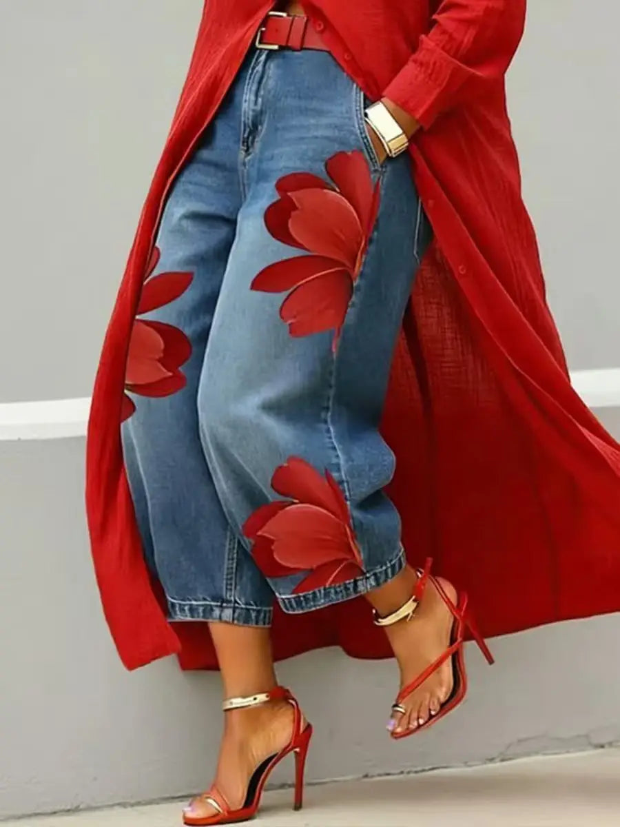 Jean Floral Imprimé Streetwear Femme | Taille Haute Ample | Jambe Large Décontracté | Grande Taille