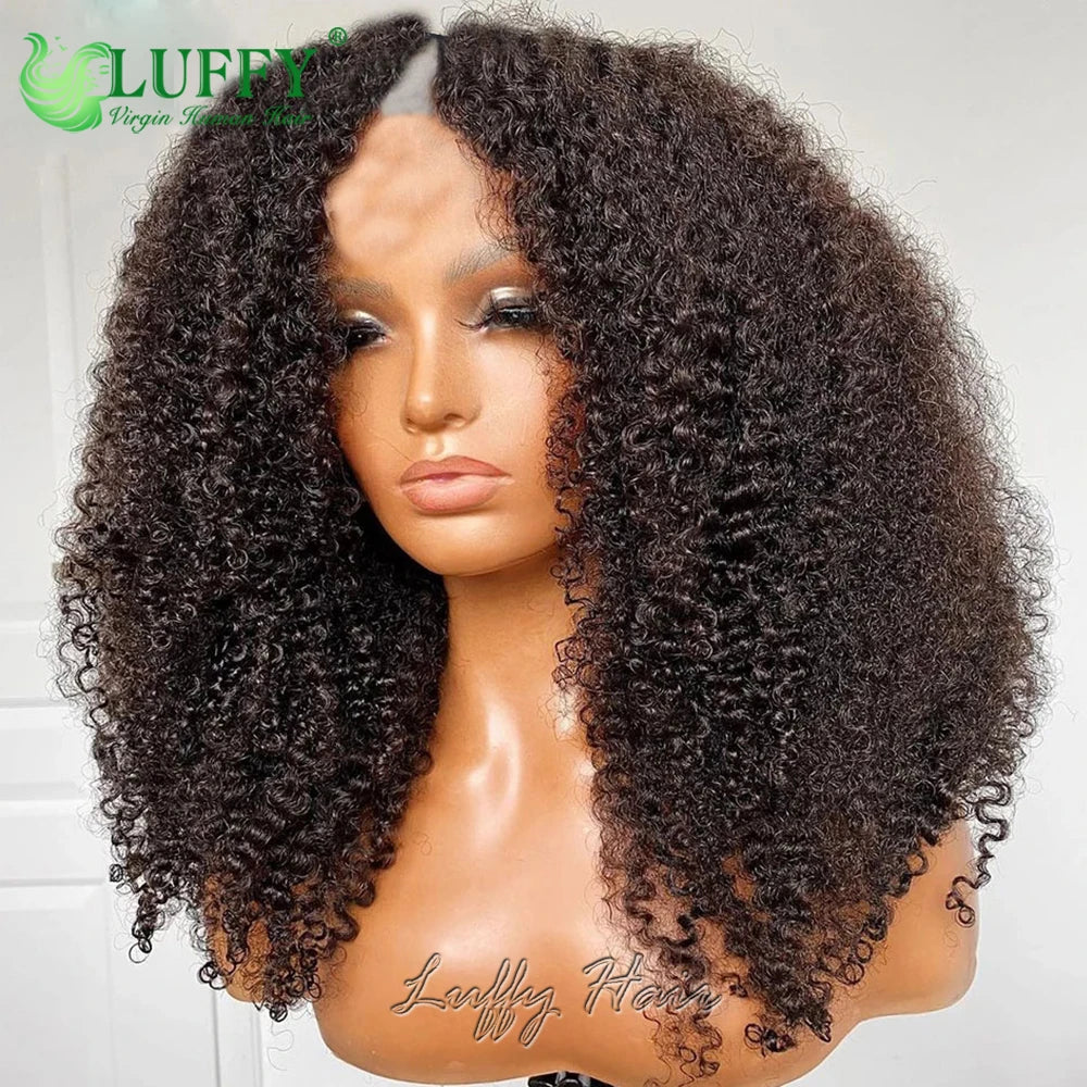Perruque Afro Kinky Curly U/V Part | 1x4 | 200% Densité | Sans Laisse | Cheveux Humains Brésiliens | Femmes Noires