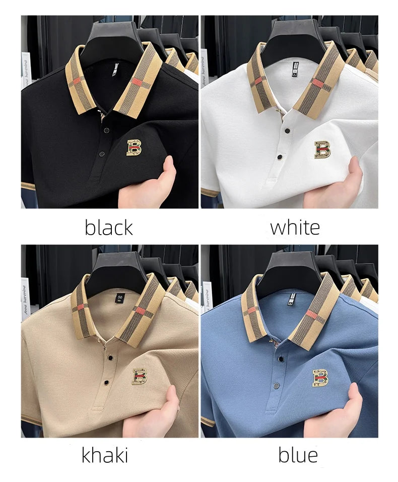 Luxury brand logo short-sleeved polo shirt for men's summer new high-end silk-cotton breathable casual fashion T-shirt clothing