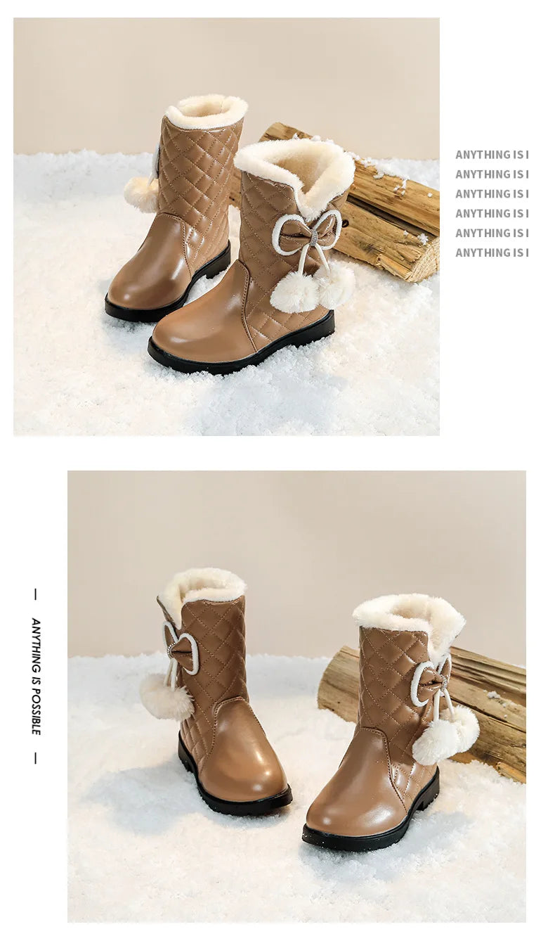 2025 Winter New Fashion Children Princess Boots Waterproof Girls Warm Boots with Bow Kids Snow Boots with Fur Plush