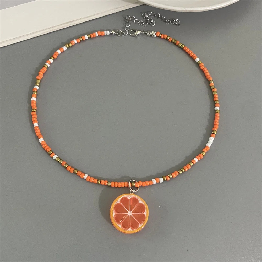 Collier Pendentif Fruits Fait Main | Perles Riz Bohème | Choker Pastèque Citron Fraise | Bijou Fille Femme