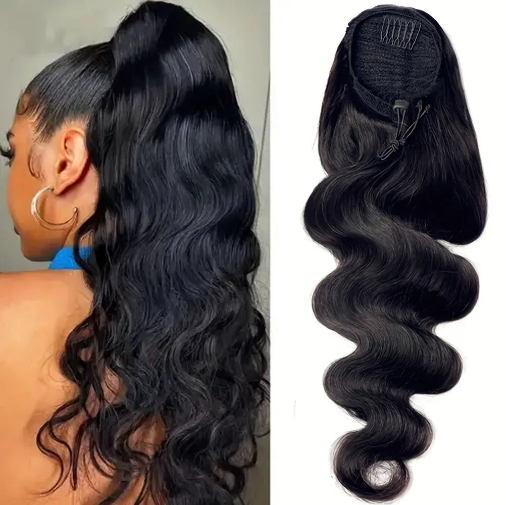 Queue de Cheval Body Wave Drawstring | Cheveux Humains Brésiliens Remy | Clip | Couleur Naturelle | Femme