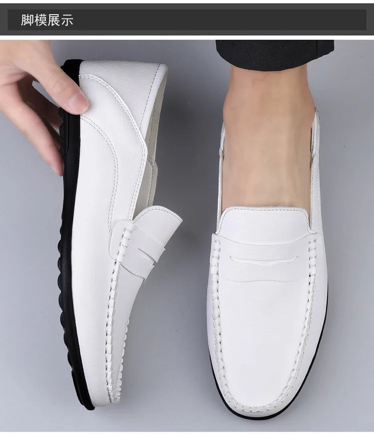 Mocassins Homme Mariage | Cuir Fendu Blanc | Chaussures Conduite Légères | Slip-On Casual Élégant 2026