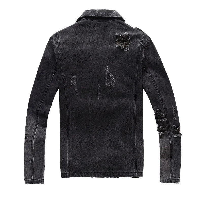 Veste Jean Homme Automne-Hiver | Style Américain Retro High Street Punk | Slim Déchiré Motard