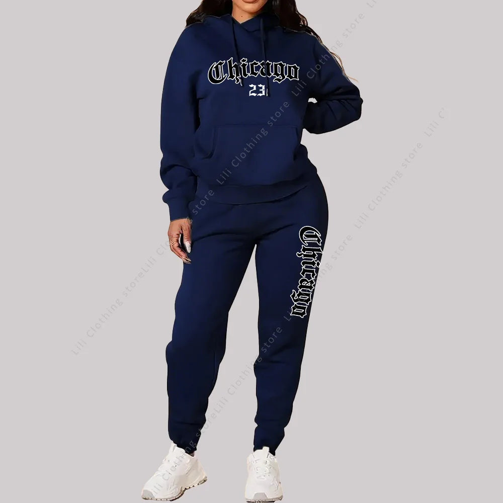 Jogging Femme 2 Pièces | Sweat Capuche & Pantalon | Imprimé Chicago Lettre | Grande Taille Rose