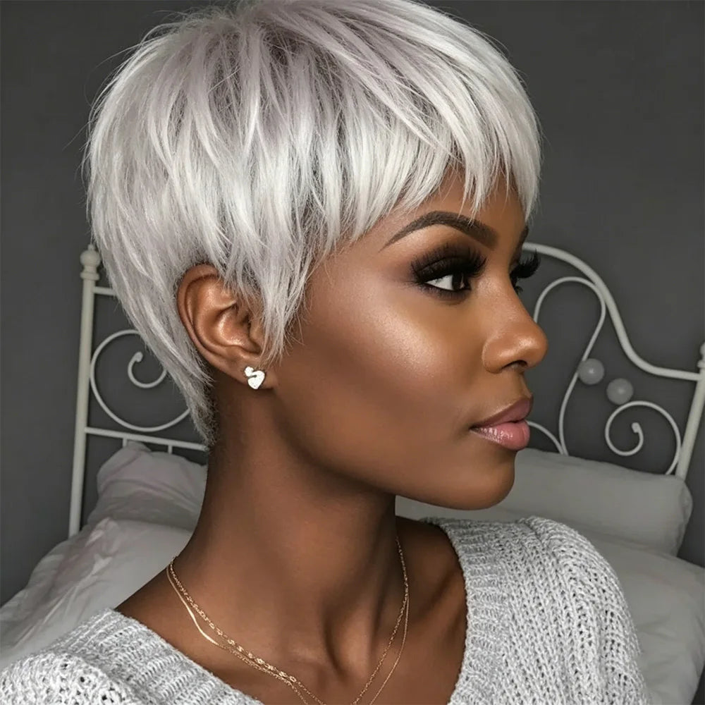 Silver Gray Textured Pixie Human Hair Wig, 100% Virgin Real Hair Short Layered Wig with Bangs Daily Wear Wig Machine Made