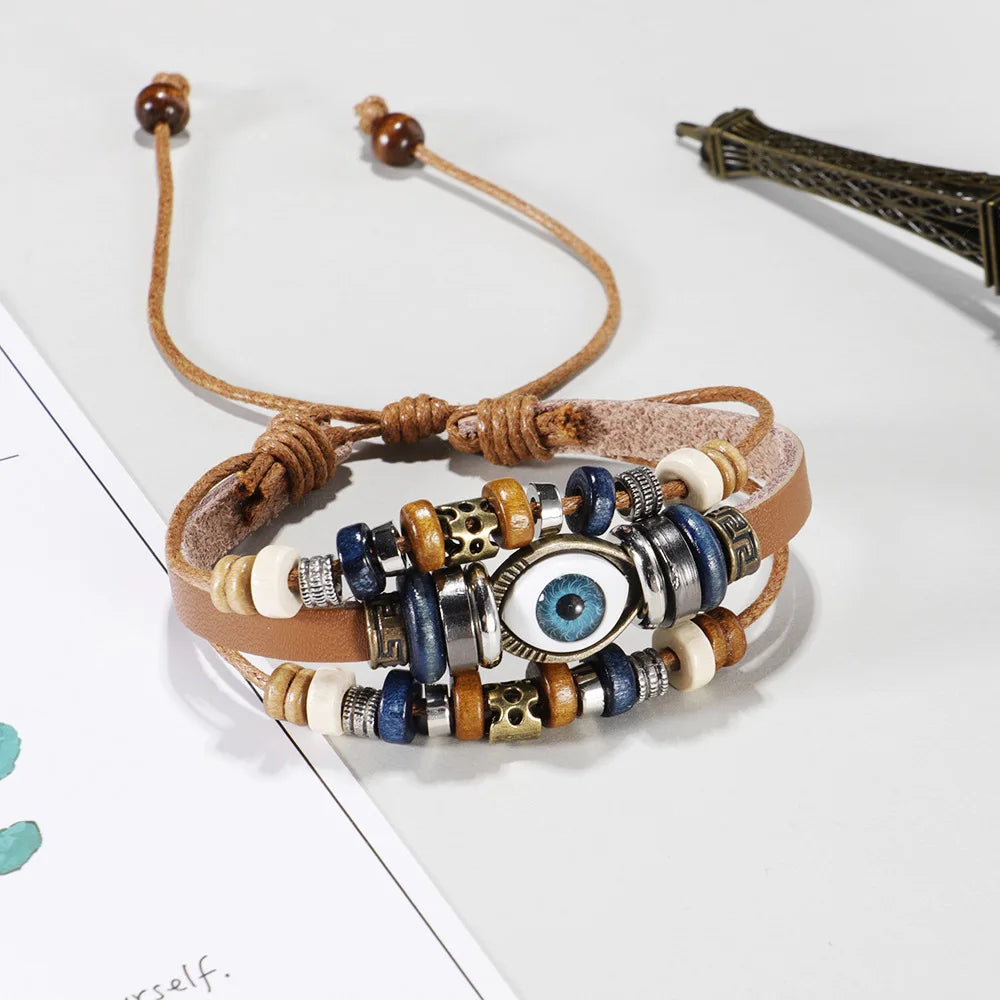 Bracelet Cuir Tressé Perles Bois | Unisexe Ethnique Tribal | Fait Main | Manchette Femme & Homme