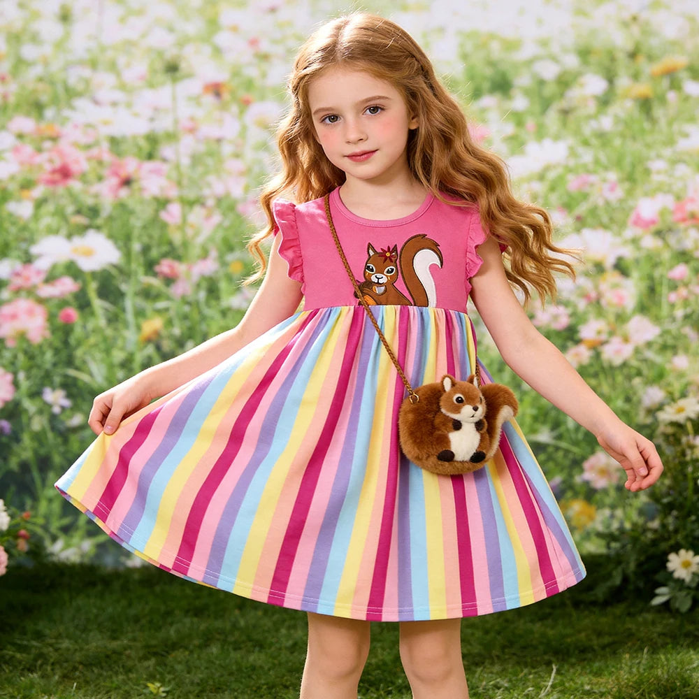 Girls Squirrel Embroidery Dress Kids Ruffle Sleeve Pink Cotton Casual Straight Dress Girl Rainbow Striped Cute Daily Wear Outfit