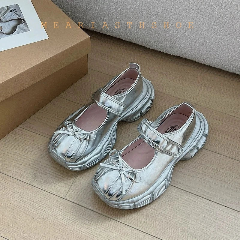 Autumn Chunky Women's Sports Shoes Fashion Shallow Butterfly-Knot Platform Sneakers Ladies Casual Flats Outdoor Mary Jane Shoes