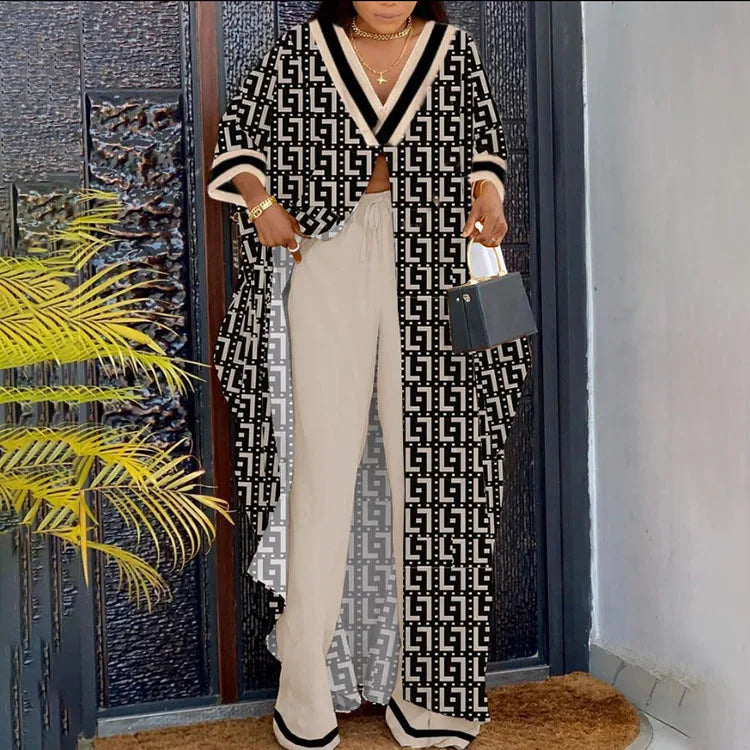 Plus Size Two-piece Set Women's Outfits Elegant V-neck Button-up Printed Seven-quarter Sleeve Blouse and Drawstring Pants Suit