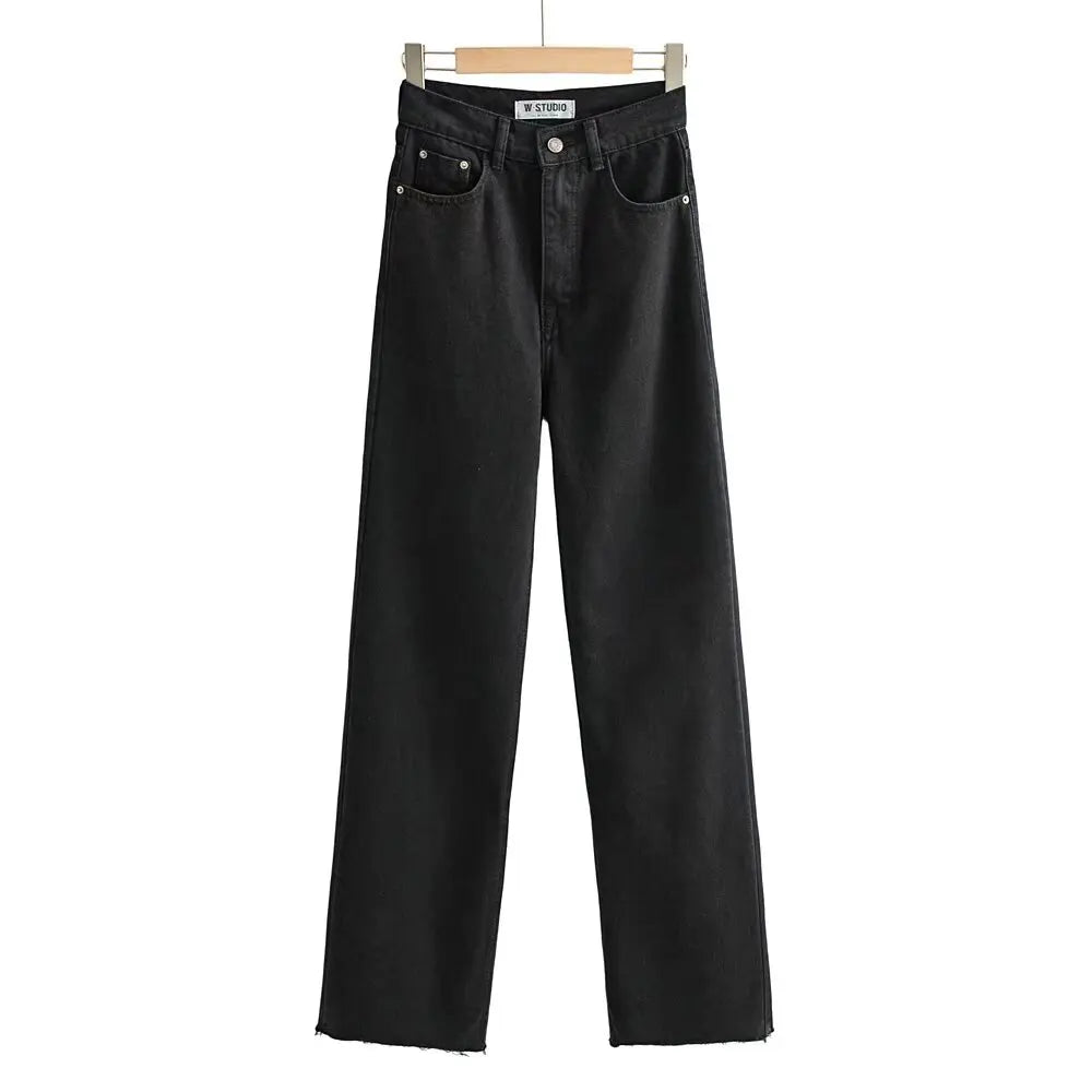 Jean Femme Taille Haute 2025 | Printemps-Automne | Décontracté Droit | Ourlet Brut Longueur Sol | Vintage