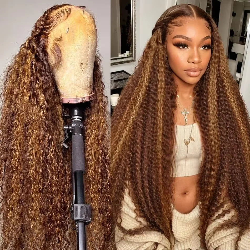 Perruque Deep Water Wave Highlight | Coloris 4/27 Miel Brun Ombré | 13x4 HD Lace Frontal | Cheveux Humains | Femme