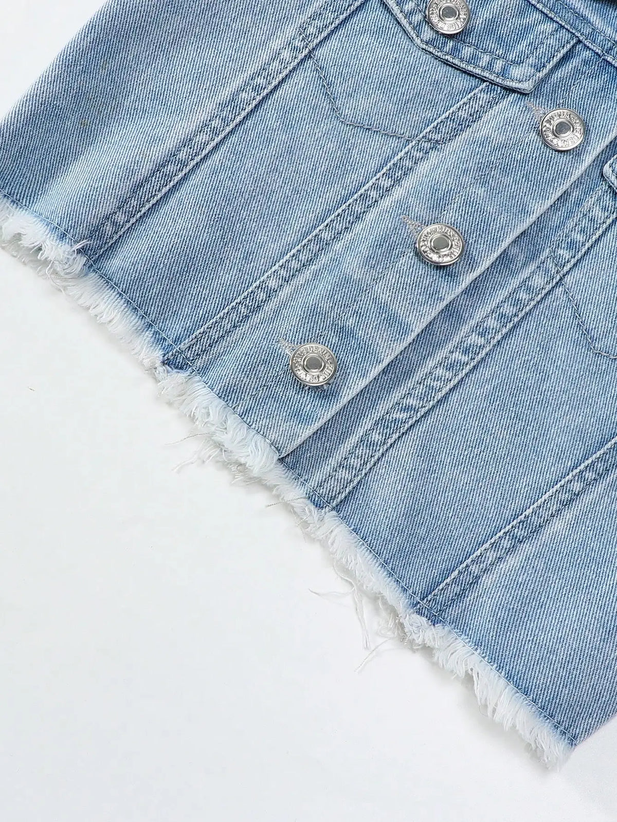 Girls Casual Style Sleeveless Top with Distressed Denim Skirt Set - Trendy Outfit for Kids