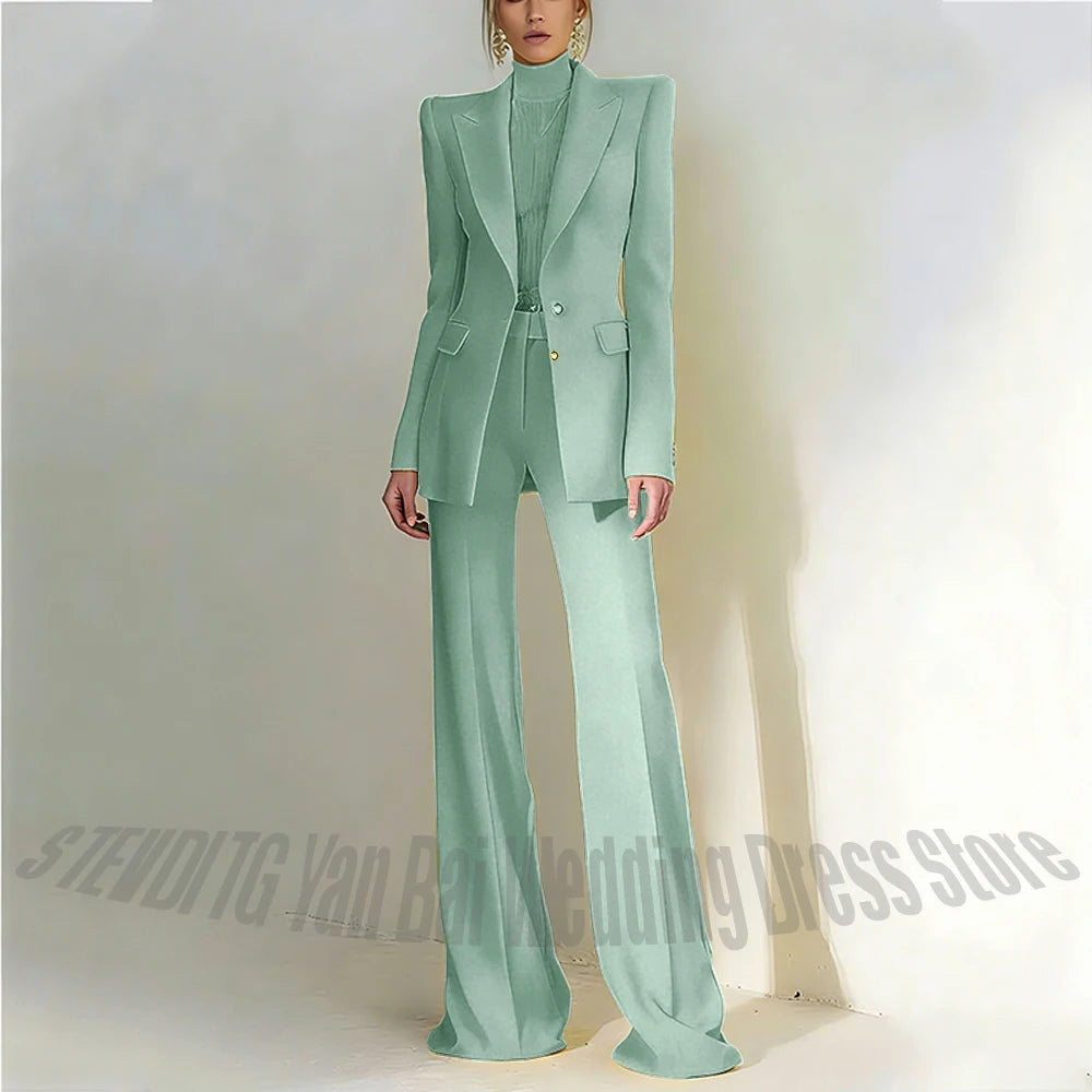 Women's Pant Suit 2 Piece Set Office Female Business Work Formal Jacket Trouser One Button Chic Yellow Peaked Lapel Elegant Suit