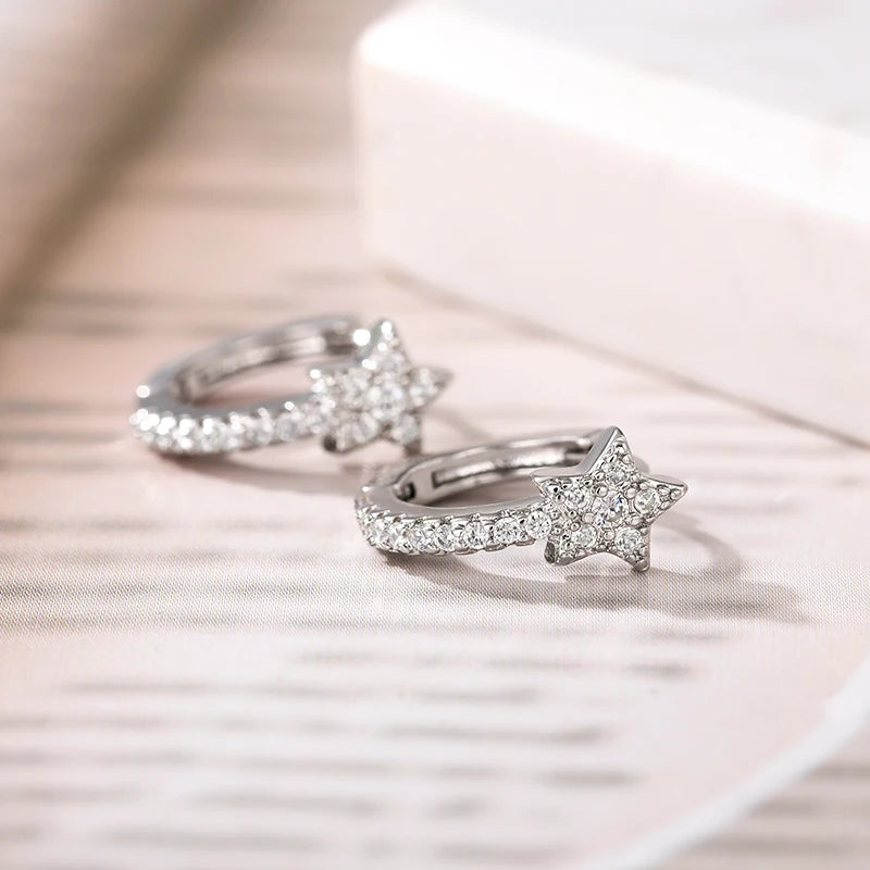 Huitan Fashion Star Hoop Earrings with Dazzling CZ Simple Stylish Ear Accessories for Women Silver Color Exquisite Jewelry