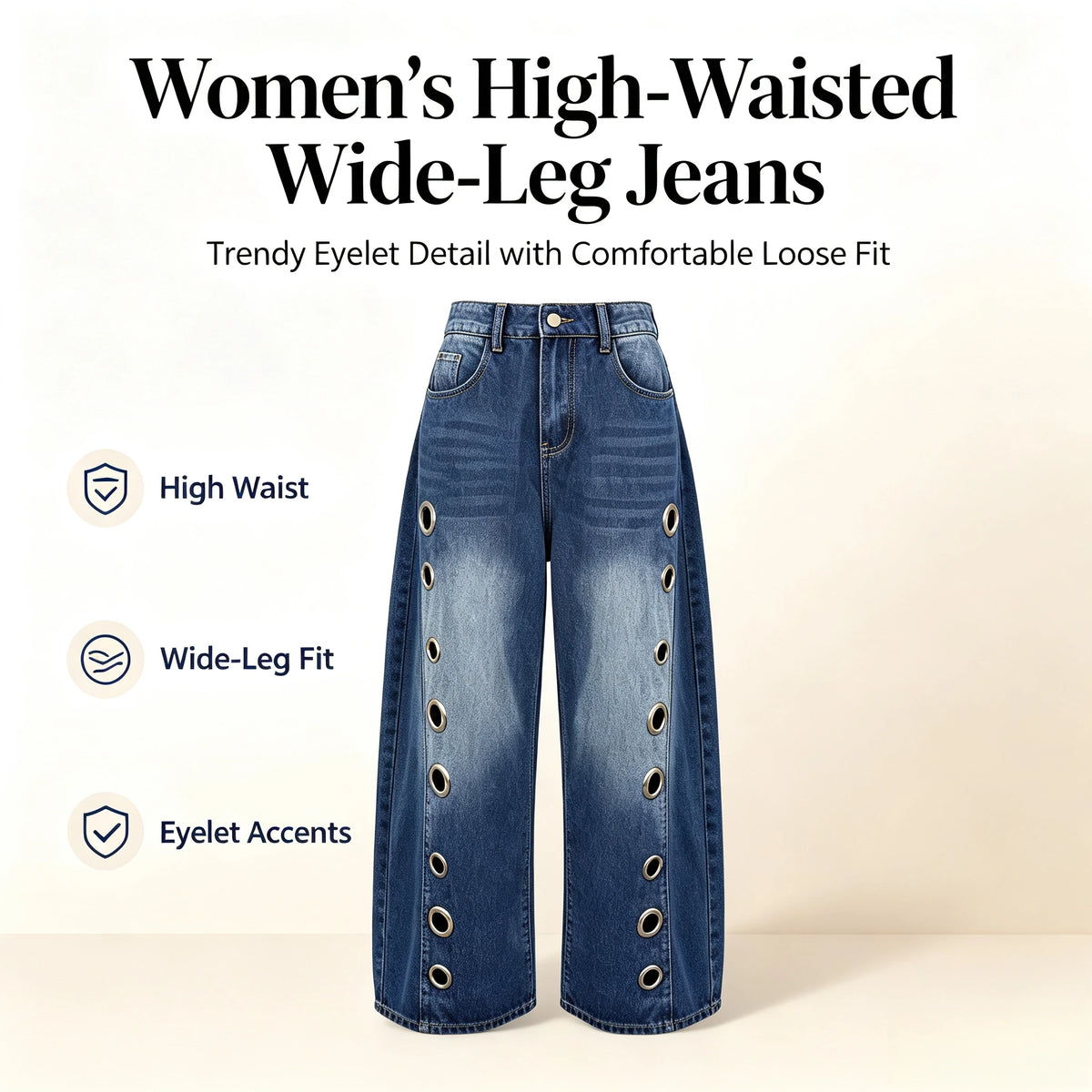 Missuoo Women's Washed Blue High-Waist Metal Grommet Wide Leg Jeans 2026 Casual Loose Fit Streetwear Pants Casual Trousers